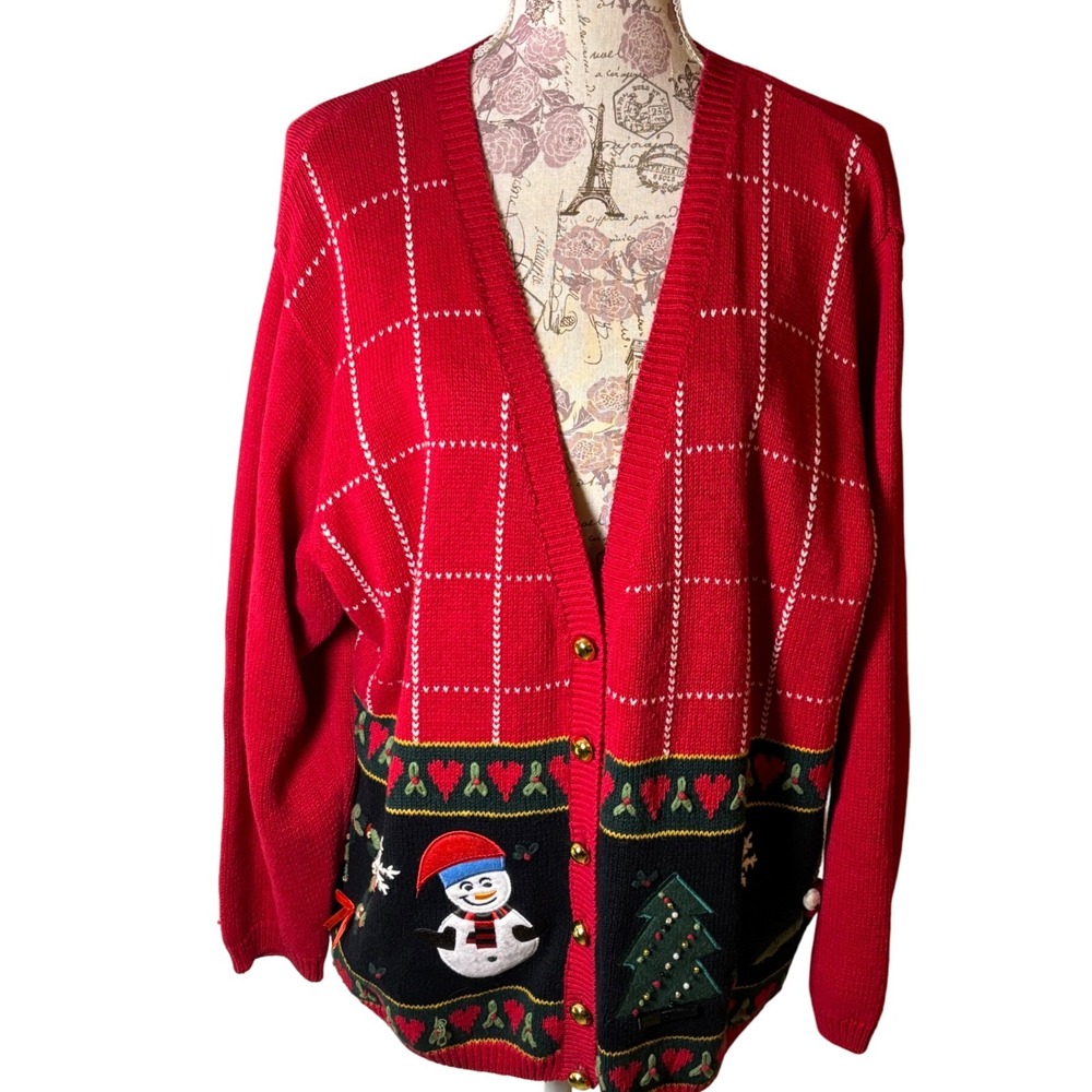 Vintage Cottagecore Red Christmas Snowman Tree Sweater Women 14/16 Cardigan